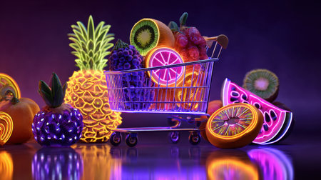A captivating display of neon fruits in a shopping cart, radiating vibrant colors against a dark background, perfect for portraying freshness and health in creative designs.の素材