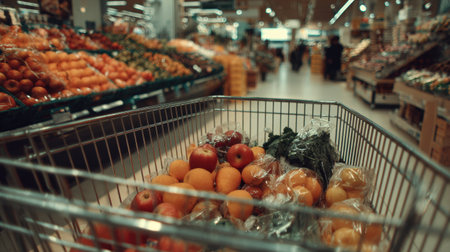 A shopping cart filled with fresh fruits and vegetables stands prominently in a grocery store aisle, showcasing a vibrant selection of produce while shoppers browse nearby.の素材