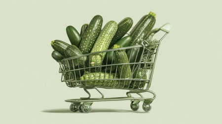 A vibrant shopping cart filled with fresh cucumbers set against a soft green backdrop, promoting healthy eating, fresh ingredients, and an active lifestyle choice through nutritious foods.の素材