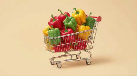 This vibrant image features a shopping cart overflowing with fresh, colorful bell peppers against a soft yellow background, ideal for promoting healthy eating and grocery shopping themes.の素材