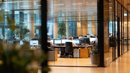 A modern office setting features professionals engaged in collaborative work at computer workstations. The glass walls create an open environment filled with natural light.の素材