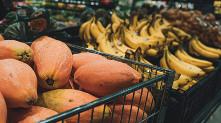 A captivating scene of fresh tropical fruits in a grocery store, showcasing ripe papayas and bananas, promoting healthy eating and vibrant choices for customers.の素材