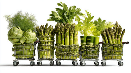 An eye-catching arrangement of fresh green vegetables in shopping carts, showcasing asparagus, celery, artichoke, and fennel, emphasizing healthy eating and nutrition.の素材