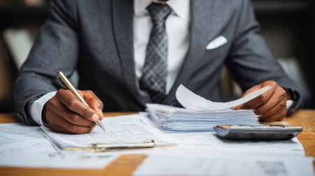 A focused businessman in a suit diligently signs important documents at the desk, surrounded by paperwork and a calculator, reflecting a professional office atmosphere.の素材