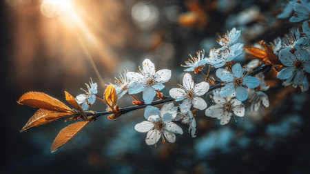 This captivating image showcases delicate white cherry blossoms illuminated by warm sunlight, evoking the serene beauty of spring and the rejuvenation of nature.の素材
