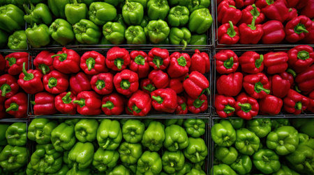 A vibrant assortment of fresh red and green bell peppers neatly arranged in baskets, showcasing the colorful produce perfect for healthy lifestyle visuals and culinary projects.の素材