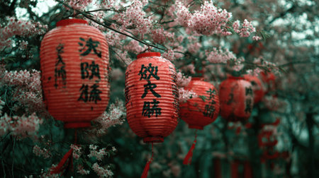 A beautiful display of bright red lanterns accentuates the delicate pink blossoms of cherry trees, creating a serene and festive atmosphere ideal for cultural celebrations.の素材