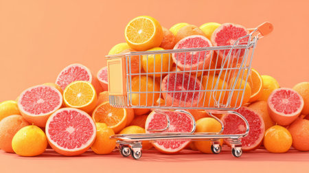 This eye-catching image features a shopping cart overflowing with bright oranges and grapefruits, against a cheerful orange backdrop, perfect for representing healthy eating and vibrant food choices.の素材