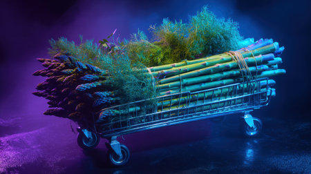 A visually striking image of fresh green asparagus bundles arranged in a shopping cart, illuminated by colorful neon lights against a dark background, showcasing vibrant colors and fresh produce.の素材