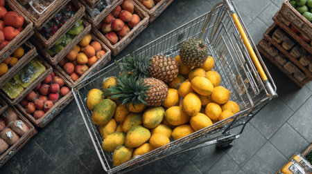 A shopping cart brimming with bright lemons and pineapples showcases the abundance of fresh produce available at a vibrant market, inviting healthy choices.の素材