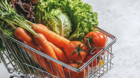 A vibrant grocery cart brimming with fresh organic vegetables, including bright carrots, ripe tomatoes, and crisp leafy greens, perfect for healthy meal preparation.の素材