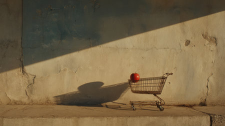 A shopping cart displays a single red apple against a textured wall, evoking a sense of simplicity and creativity in urban and still-life photography.の素材