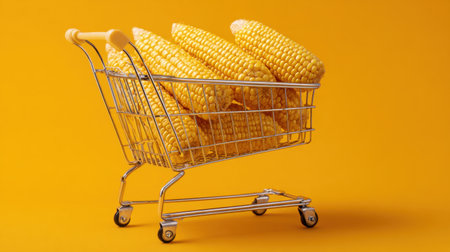 A vibrant arrangement of fresh yellow corn ears in a shopping cart against a bright yellow backdrop, ideal for representing healthy eating, grocery shopping, and culinary creativity.の素材
