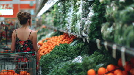 A young woman stands in a grocery store aisle, holding an orange while surrounded by a variety of fresh produce, promoting healthy eating and vibrant food choices.の素材