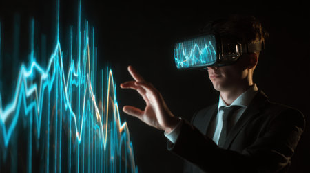 A business professional uses virtual reality technology to interact with digital graphs, showcasing the future of data visualization and analysis in finance and analytics.の素材