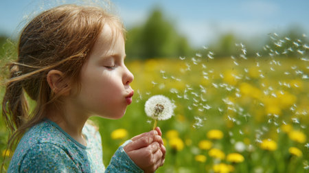 A young girl joyfully blows dandelion seeds in a blooming flower field, symbolizing childhood joy and the beauty of nature in a sunny, vibrant setting.の素材
