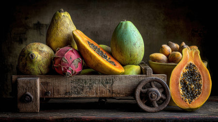 A captivating display of fresh tropical fruits arranged on a rustic wooden cart, showcasing vibrant colors and textures against a dark background, perfect for food photography or culinary projects.の素材
