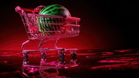 This striking image features a vibrant watermelon nestled in a shopping cart, set against a dramatic red background, reflecting a fun and playful shopping experience.の素材