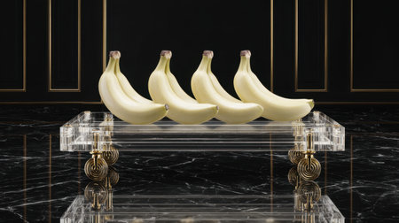 A sophisticated display of four ripe bananas on a clear acrylic stand, set against a dark marble backdrop with gold details, perfect for enhancing any modern kitchen or dining space.の素材