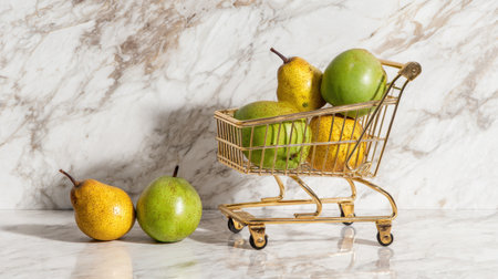A charming arrangement of fresh pears in a gold mini shopping cart against a sleek marble backdrop, perfect for showcasing vibrant produce in a modern setting.の素材