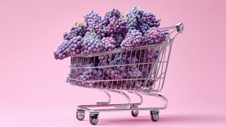 A captivating image of fresh purple grapes overflowing from a shopping cart, set against a soft pink backdrop, symbolizing healthy choices and vibrant living. Perfect for marketing use.の素材