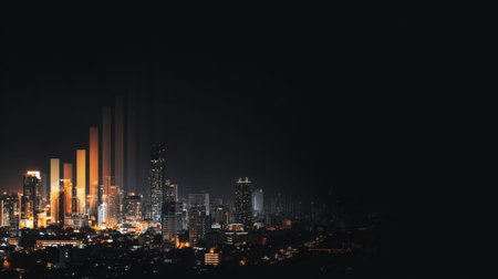 A stunning view of a vibrant city skyline at night, showcasing modern architecture with illuminated buildings against a darkened background, perfect for urban ambiance.の素材