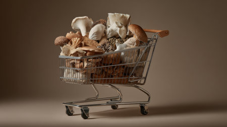 A visually appealing shopping cart filled with an assortment of fresh mushrooms showcases culinary possibilities, ideal for food lovers and chefs seeking organic ingredients.の素材