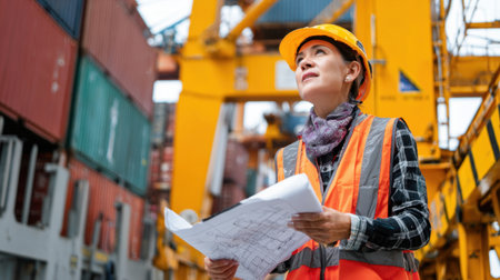 A determined female construction worker studies blueprints at a busy cargo port, emphasizing leadership and expertise in an industrial environment filled with containers.の素材