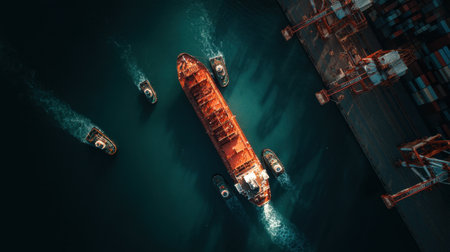 Captured from above, this image showcases a large cargo ship navigating a busy port, with tugboats assisting in operations, highlighting maritime trade activity and logistics efforts.の素材