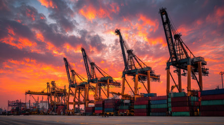 A captivating scene of cranes and cargo containers at a harbor during sunset, showcasing the vibrant colors in the sky while reflecting industrial activities in transportation and logistics.の素材