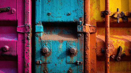 Explore the captivating textures and vibrant colors of rusty shipping containers, showcasing intricate patterns and an industrial aesthetic for creative projects or artistic inspiration.の素材