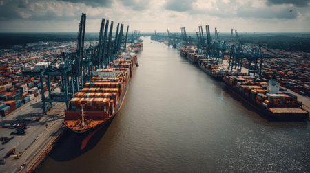 A stunning aerial photograph showcasing a busy shipping port with container ships, towering cranes, and an expansive waterway under a dramatic sky, reflecting industry and commerce.の素材
