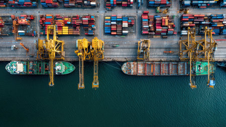 Captivating aerial image showcasing cargo ships unloading containers at a vibrant shipping port, featuring towering cranes and a sea of colorful containers against a serene water backdrop.の素材