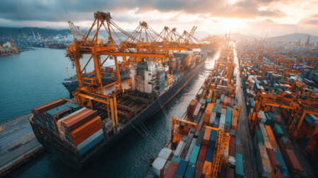 Captivating aerial view of a shipping port showcasing cranes, cargo ships, and containers, set against a dramatic sunset sky. Perfect for logistics and transportation themes.の素材