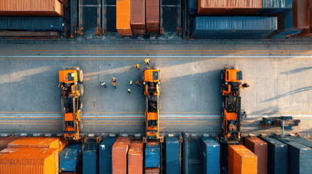 This aerial image captures a busy port scene with cargo trucks and shipping containers, showcasing workers engaged in logistics and freight operations.の素材