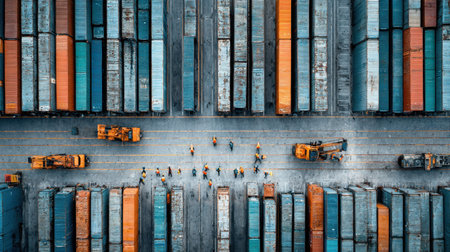 A vibrant aerial scene showcases busy workers and equipment in a container yard surrounded by colorful shipping containers, highlighting logistics and industrial operations.の素材