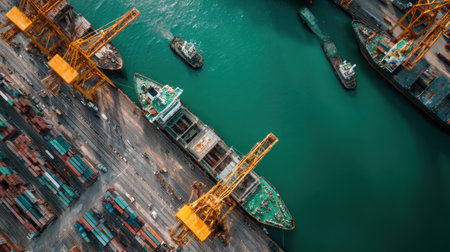 High-angle view of a bustling port featuring cranes, cargo ships, and organized containers, illustrating the vibrant activity of the maritime industry and global trade connections.の素材