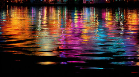 A stunning display of colorful city lights reflecting on a calm water surface, creating an artistic and peaceful atmosphere at night, perfect for capturing the beauty of nature.の素材