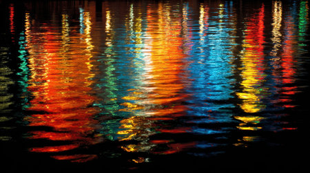 A mesmerizing display of colorful lights reflecting on a calm water surface, showcasing the beauty and tranquility of nighttime city scenes and vibrant urban aesthetics.の素材