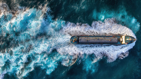 A stunning aerial view of a large cargo ship navigating through turbulent ocean waters, creating a wake of white foam against a deep blue backdrop, showcasing maritime transport.の素材