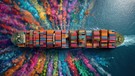 This stunning aerial view captures a colorful container ship navigating deep blue waters, surrounded by vibrant hues that symbolize global trade and maritime activity.の素材