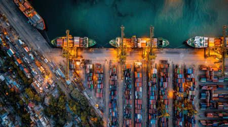 This aerial shot captures a bustling port at night, featuring illuminated cargo ships, organized containers, and towering cranes, presenting a dynamic scene of maritime industry.の素材