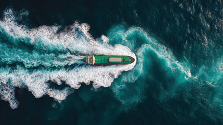 Experience the dynamic beauty of maritime travel with this aerial shot of a cargo ship creating white wakes in vibrant turquoise waters, merging nature and industry.の素材