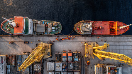 A bustling industrial port scene is captured from above, showcasing cargo ships, cranes, and workers engaged in shipping operations during daylight, emphasizing maritime activity.の素材