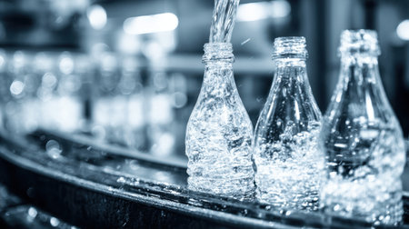 Fresh water is being filled into transparent plastic bottles on a conveyor belt in a modern manufacturing facility, showcasing the bottling process and technology used.の素材