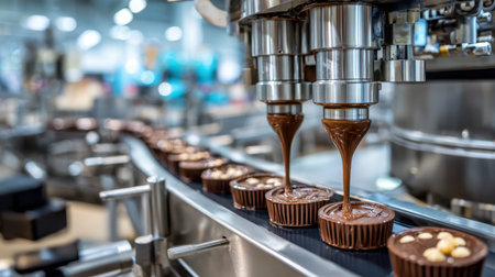 Captivating view of an automated chocolate production line, showcasing the pouring of rich chocolate into cupcake molds, emphasizing modern manufacturing techniques in the food industry.の素材