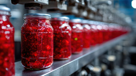 A captivating view of jars filled with bright red preserved fruits showcasing a modern food production line, highlighting the blend of technology and tradition in food preservation.の素材