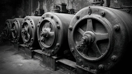 Intricate vintage industrial machinery in black and white showcases the historical beauty of engineering, revealing unique mechanical details and textures within an old factory environment.の素材
