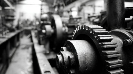 A close-up view of a rusty gear in vintage industrial machinery, captured in black and white to emphasize detail and the historical significance of mechanical engineering.の素材