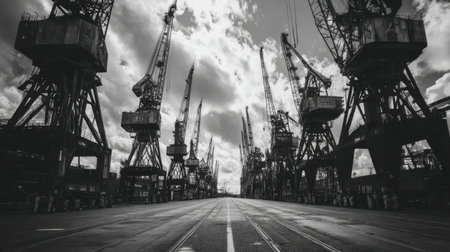 Captivating black and white image of a harbor filled with towering cranes under a dramatic sky. This striking photograph encapsulates the industrial landscape and maritime operations.の素材